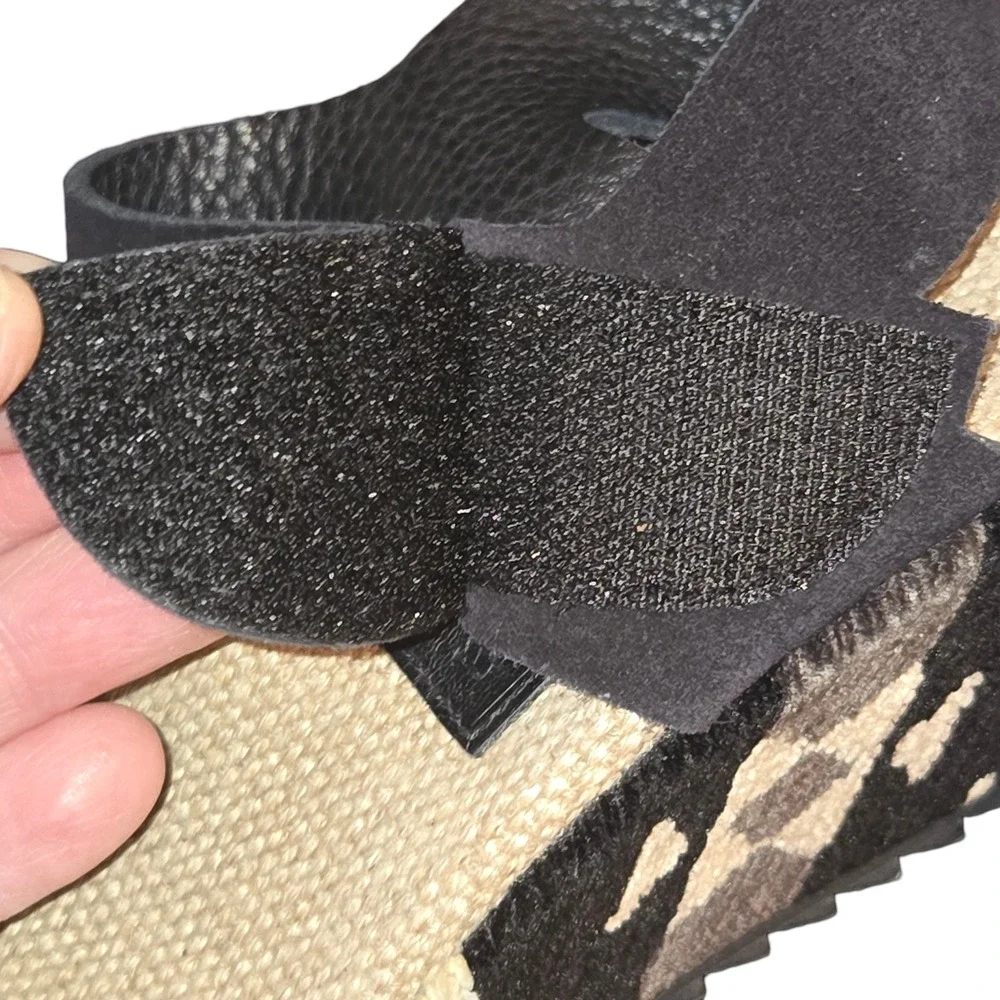 Pedro Garcia Wedge Sandals Womens 36 Black & Tan Tapestry & Suede Platform Spain